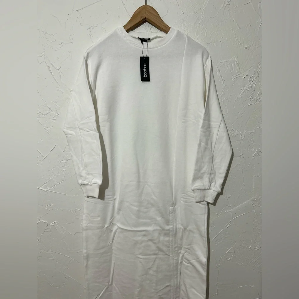 Boohoo White Long Sleeve Ruched Sweatshirt Dress Sz XS | Casual Chic Fall Outfit